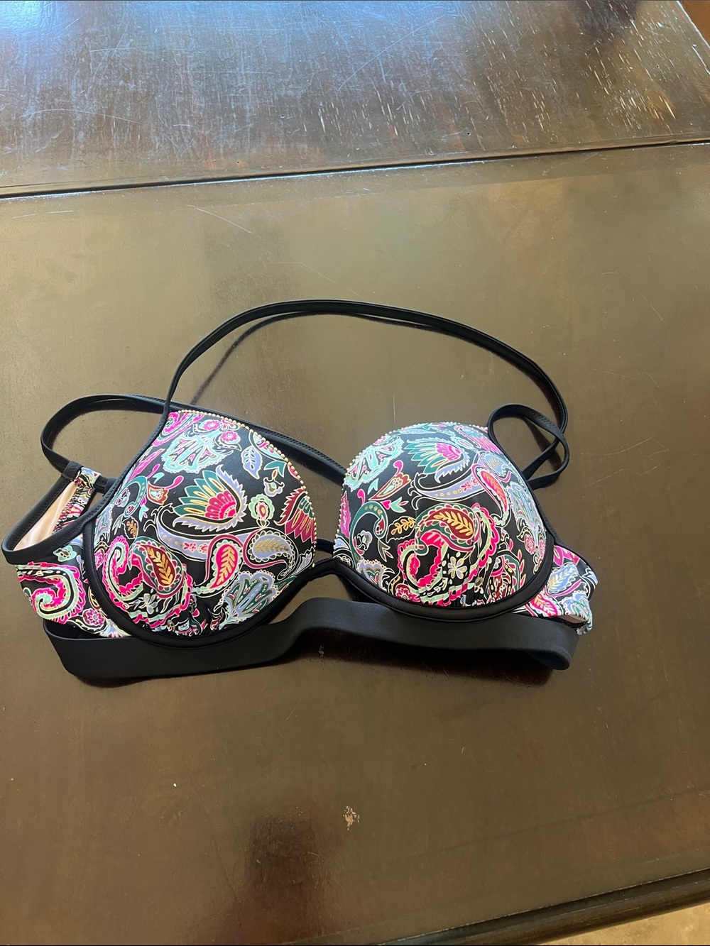 Shade & Shore Black Paisley Push-Up Bikini Top with Pink & Teal Accents